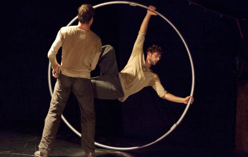 two acrobats both with brown hair and beards, wearing brown trousers and grey sweatshirts perform over a gym ball and with a cyr wheel in an indoor stage setting with yellow lighting widow stanton interview circoncentrique