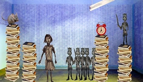 drawing of stick people in a library room with books and an alarm clock, strip lighting and blue wallpaper. The Possible Impossible House by Forced Entertainment Christmas show recommendations ages