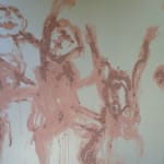 Four abstract figures with raised arms, painted in a warm brown hue, express joy and movement against a light white background.