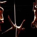 Three aerial performers suspended from ropes, showcasing acrobatic poses on a dramatically lit dark stage.