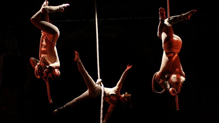 Three aerial performers suspended from ropes, showcasing acrobatic poses on a dramatically lit dark stage.